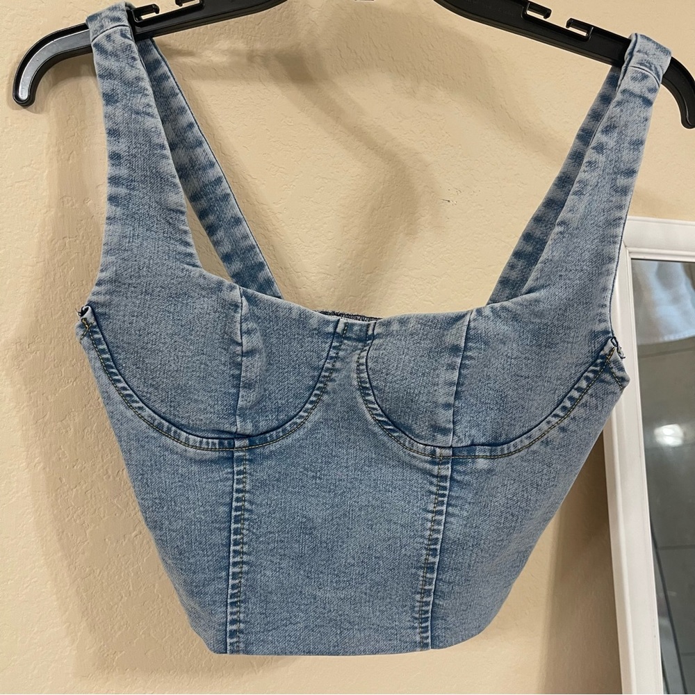 DKNY Square-Neck Bustier denim crop top has zipper